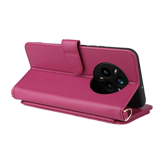 Чохол з клапаном для Realme 14 Pro+ 5G, Crossbody Leather Wallet, темно-рожевий