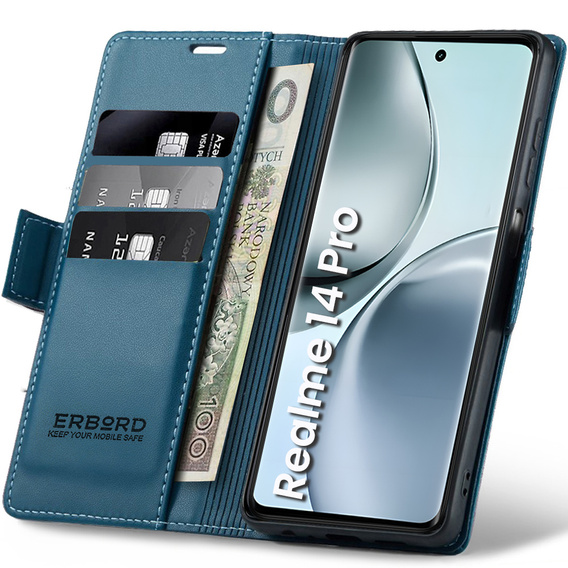 Чохол для Realme 14 Pro 5G, ERBORD Glossy Litchi, гаманець з клапаном, м'яти