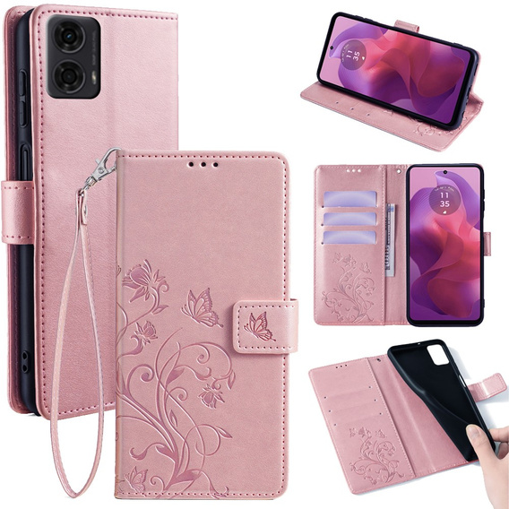 Откидной чехол для Motorola Moto E14, Butterfly, розовый rose gold