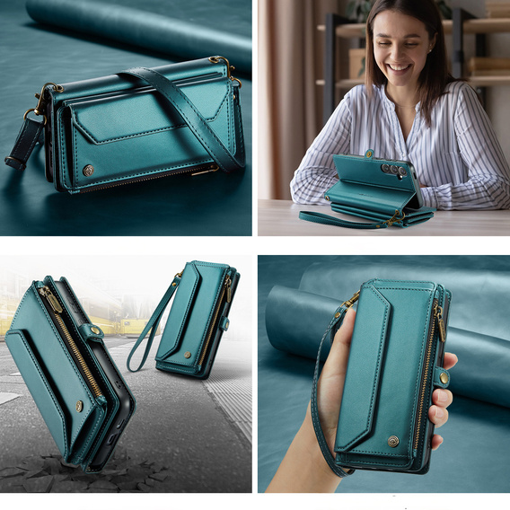 Чехол CASEME для Samsung Galaxy S25 FE, RFID Leather Wallet, с плечевым ремнем, зелёный