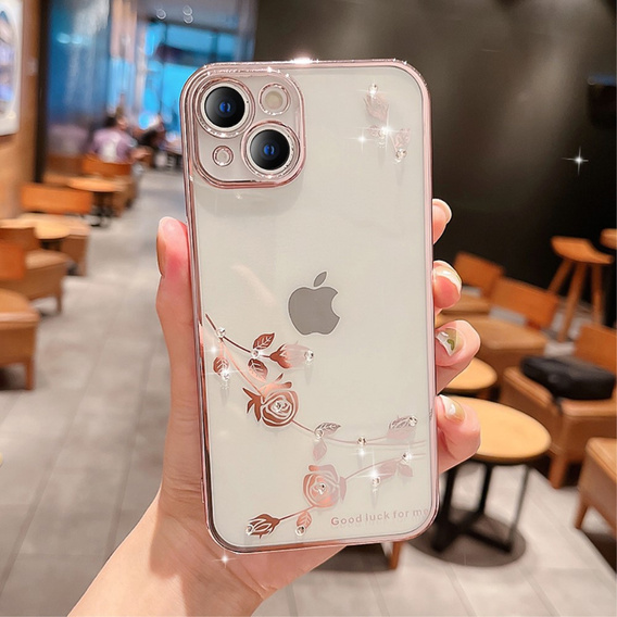 Чохол для iPhone 15 Plus, Glitter Flower, рожевий rose gold