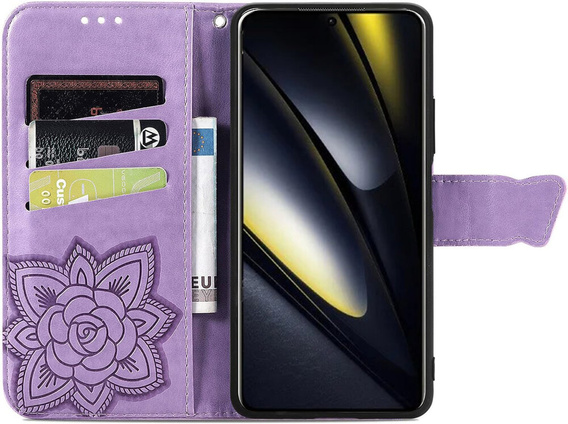 Откидной чехол для Xiaomi Poco F6, Butterfly, фиолетовый