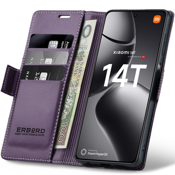 Чохол для Xiaomi 14T, ERBORD Glossy Litchi, гаманець з клапаном, фіолетовий