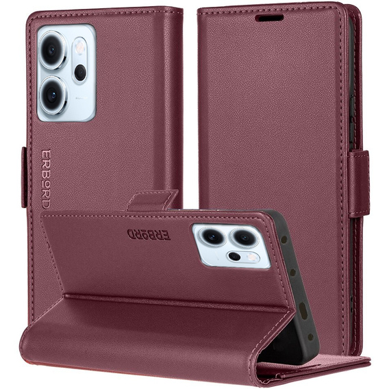 Чохол для Oppo Reno 14 F / 14 FS, ERBORD Glossy Litchi, гаманець з клапаном, червоний
