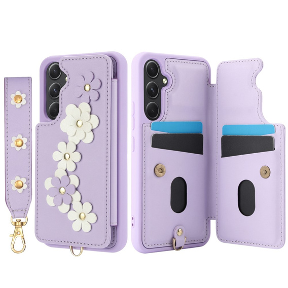 Чехол для Samsung Galaxy A55 5G, Leather Flower Card Slot, фиолетовый