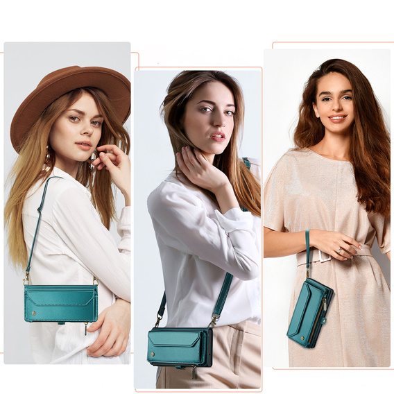Чехол CASEME для Samsung Galaxy S25 FE, RFID Leather Wallet, с плечевым ремнем, зелёный