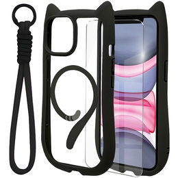 Чехол для iPhone 11, для MagSafe, Cute Cat, чёрный + стекло для экрана