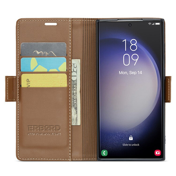 Чохол для Samsung Galaxy S24 Ultra, ERBORD Glossy Litchi, гаманець з клапаном, коричневий