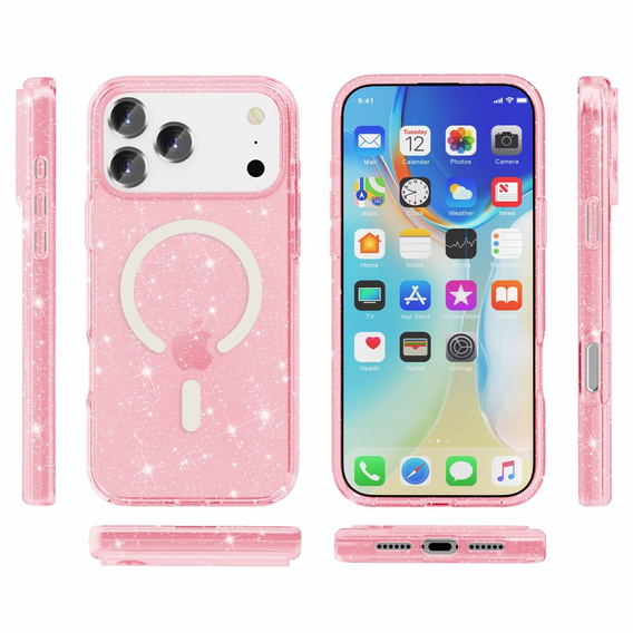 Чехол для iPhone 17 Pro Max, для MagSafe, глиттер - полупрозрачный розовый