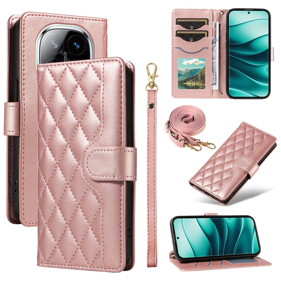 Чохол-сумка для Xiaomi Redmi Note 14 Pro 5G / Xiaomi Redmi Note 14 Pro+ 5G / Xiaomi Poco X7 5G, Rhombus Crossbody Leather, рожевий rose gold