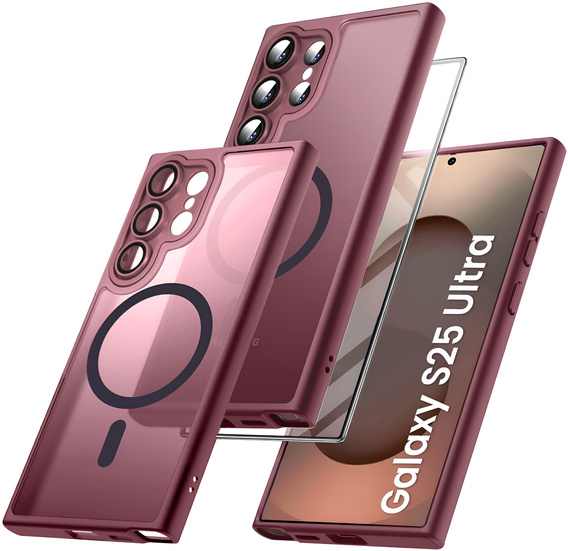 Чохол для Samsung Galaxy S25 Ultra, для MagSafe, ERBORD Matt Case, бордовий + захисне скло
