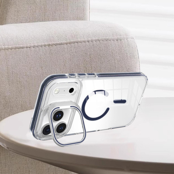 Чохол для iPhone 17 Pro, для MagSafe, з підставкою, прозорий з темно-синіми вставками