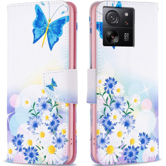Чехол с откидной крышкой для Xiaomi 13T / 13T Pro / Redmi K60 Ultra, кошелек, бабочка и цветы, белый