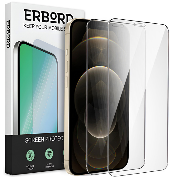 2x Закаленное стекло для iPhone 12 Pro Max, ERBORD 9H Hard Glass на экране