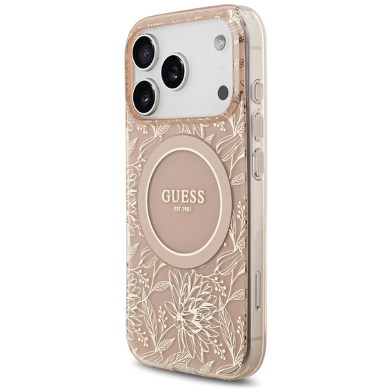 Чехол Guess IML Flowers Electroplated Allover With Beads Strap, для MagSafe, с ремешком для iPhone 17 Pro Max