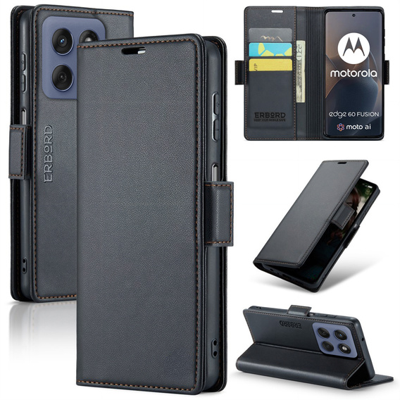 Чохол для Motorola Edge 60 / 60 Fusion, ERBORD Glossy Litchi, гаманець з клапаном, чорний