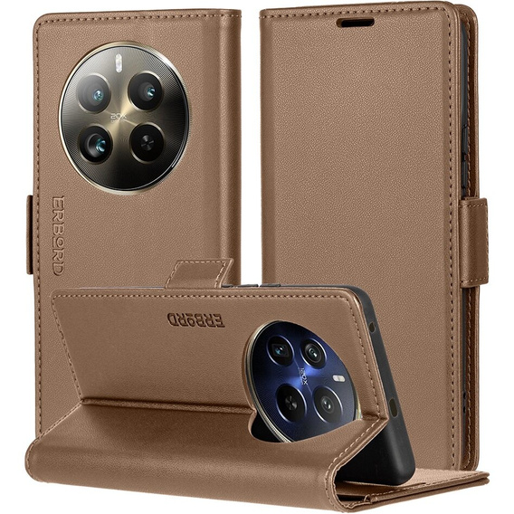 Чохол для Realme 12 Pro 5G / 12 Pro+ 5G, ERBORD Glossy Litchi, гаманець з клапаном, коричневий