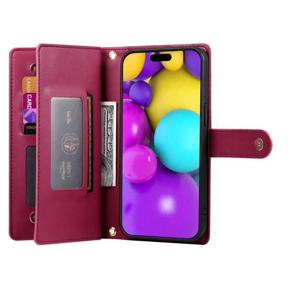 Откидной чехол для iPhone 16 Plus, Wallet Zipper Pocket, красный