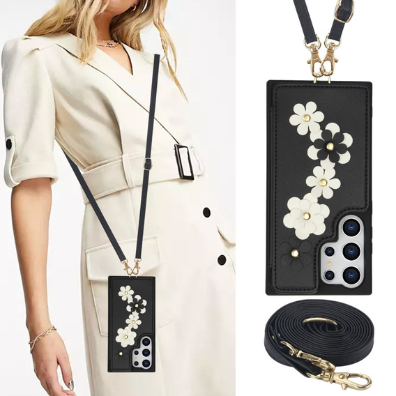 Чохол для Samsung Galaxy S25 Ultra, Leather Flower Card Slot, чорний