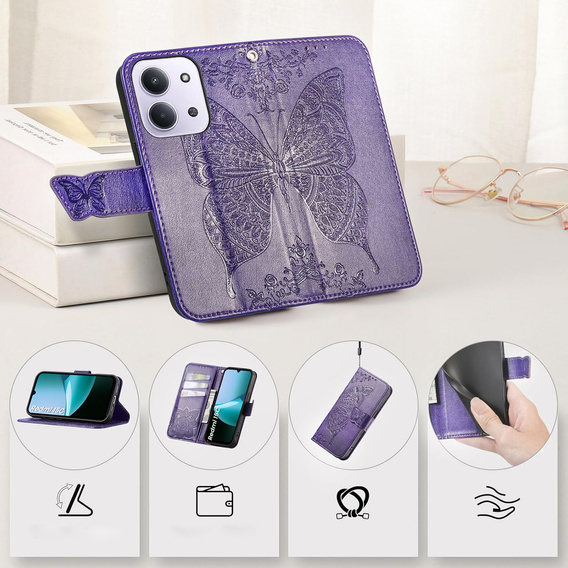 Откидной чехол для Xiaomi Redmi 15C 4G/LTE, Butterfly, фиолетовый