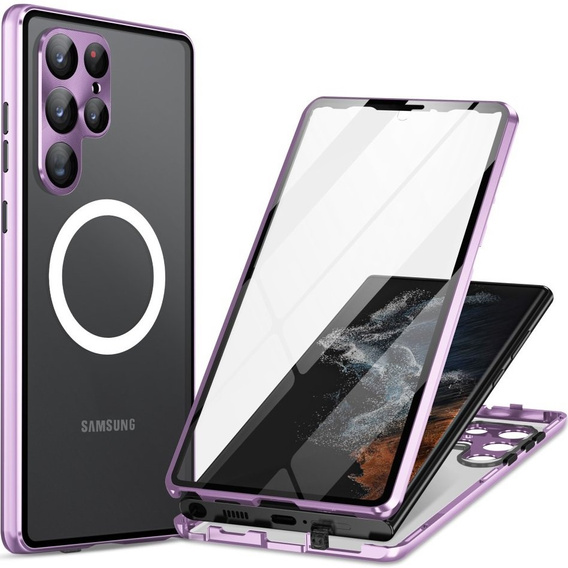 Магнитный чехол с двойным стеклом MagSafe для Samsung Galaxy S22 Ultra, фиолетовый