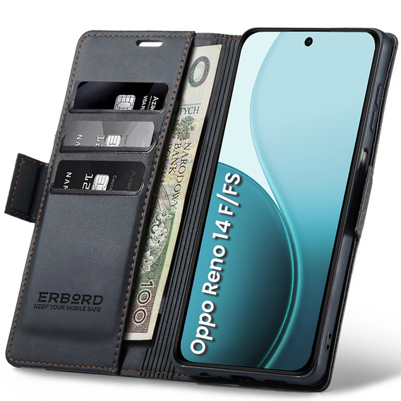 Чохол для Oppo Reno 14 F / 14 FS, ERBORD Glossy Litchi, гаманець з клапаном, чорний