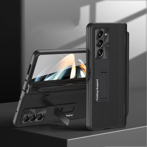 Чехол для Samsung Galaxy Z Fold 5 5G, с подставкой, стеклом и стилусом, кожаный, черный