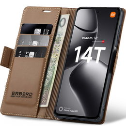 Чохол для Xiaomi 14T, ERBORD Glossy Litchi, гаманець з клапаном, коричневий