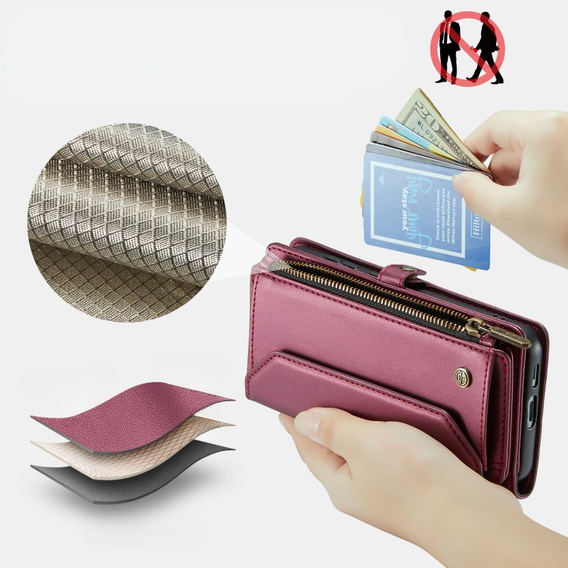 Чехол CASEME для Samsung Galaxy S24 FE, RFID Leather Wallet, с плечевым ремнем, красный