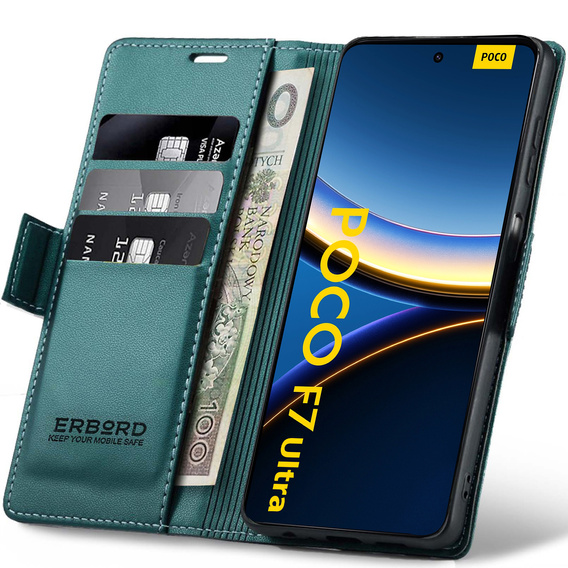 Чохол для Xiaomi Poco F7 Ultra, ERBORD Glossy Litchi, гаманець з клапаном, зелений