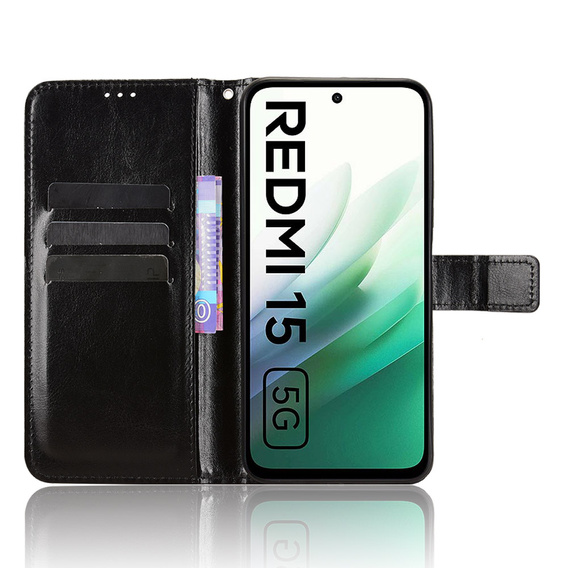 Чехол с откидной крышкой для Xiaomi Redmi 15 5G / 4G, текстурированный Crazy Horse, черный