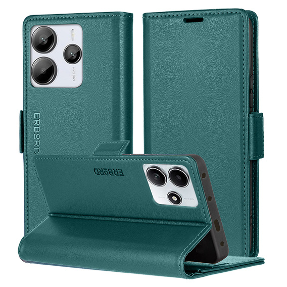 Чехол для Xiaomi Redmi Note 14 5G, ERBORD Glossy Litchi, кошелек с клапаном, зелёный