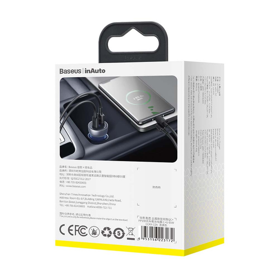 Baseus Автомобильное зарядное устройство 2-Port USB i USB Type-C PD40W/QC3.0 - Grey