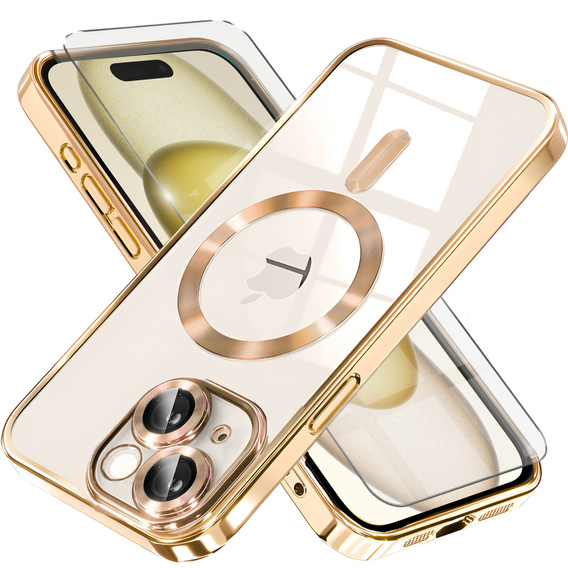 Чохол для iPhone 15, Electro MagSafe, золотий + Скло на екран