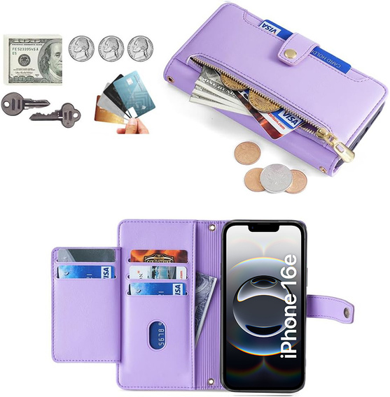 Чохол-книжка для iPhone 16E, Wallet Zipper Pocket, фіолетовий
