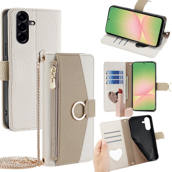 Флип-кейс для Samsung Galaxy A56 5G, Wallet Zipper Pocket, с зеркалом, белый