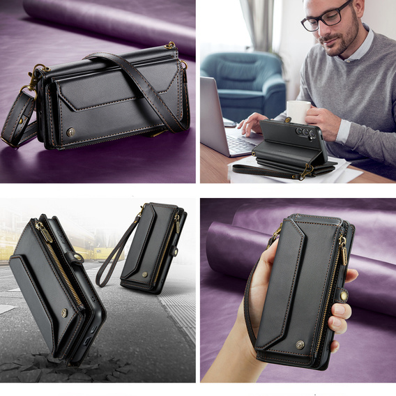 Чехол CASEME для Samsung Galaxy S25 FE, RFID Leather Wallet, с плечевым ремнем, чёрный