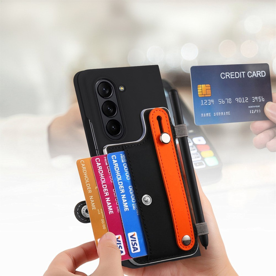 Чохол для Samsung Galaxy Z Fold 5 5G, з підставкою, склом та стилусом, шкіряний, чорний