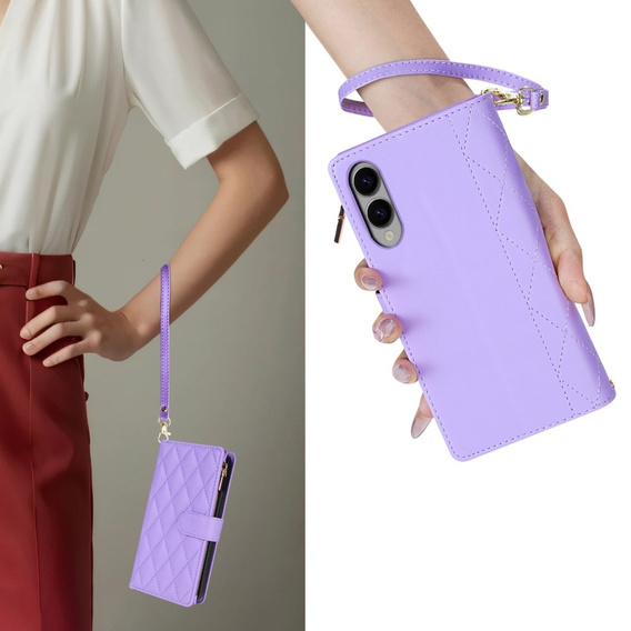 Чохол-сумка для Samsung Galaxy S25 Edge, Rhombus Crossbody Leather, фіолетовий