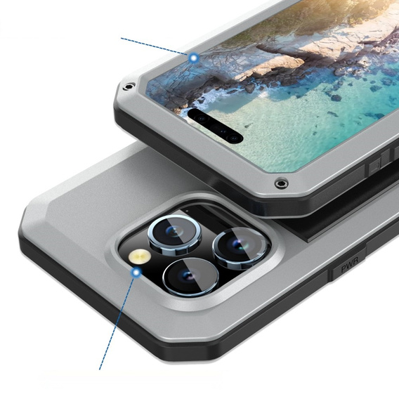 Чехол для iPhone 15 Pro Max, бронированный, со встроенным стеклом, серебряный