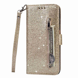 Откидной чехол для Samsung Galaxy S24 Ultra, Wallet Zipper Pocket Glittery, золотой