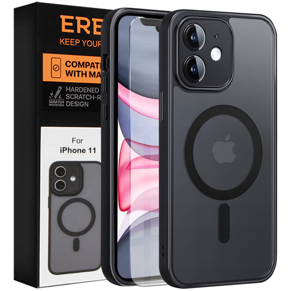 Чохол для iPhone 11, для MagSafe, ERBORD Matt Case, чорний + захисне скло