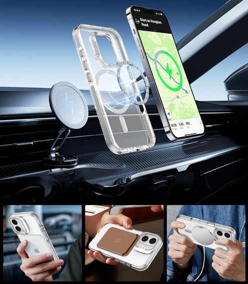 Чехол для iPhone 17, для MagSafe, с подставкой, прозрачный с серыми вставками