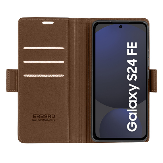 Чехол для Samsung Galaxy S24 FE, ERBORD Glossy Litchi, кошелек с клапаном, коричневый