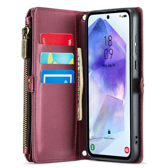 Чехол CASEME для Samsung Galaxy A55 5G, RFID Leather Wallet, с плечевым ремнем, красный