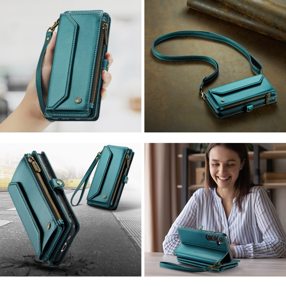 Чехол CASEME для Samsung Galaxy A55 5G, RFID Leather Wallet, с плечевым ремнем, зелёный