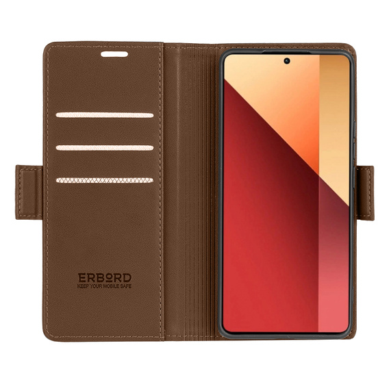 Чохол для Xiaomi Redmi Note 13 Pro 4G / Xiaomi Redmi Note 14S / Xiaomi Poco M6 Pro 4G, ERBORD Glossy Litchi, гаманець з клапаном, коричневий