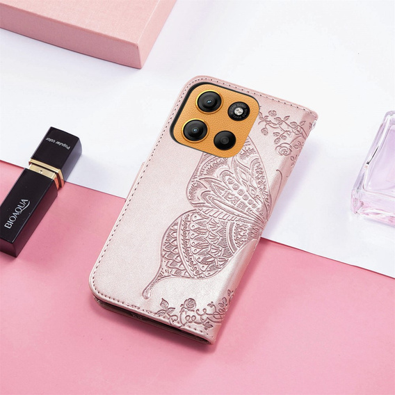 Откидной чехол для Motorola Moto G15 / Motorola Moto G15 Power, Butterfly, розовый rose gold