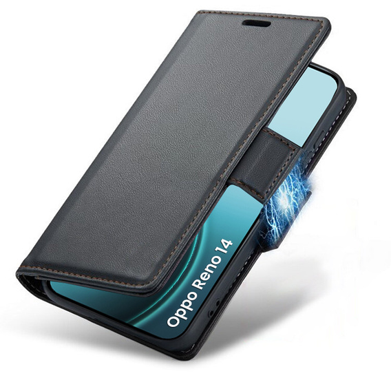 Чохол для Oppo Reno 14, ERBORD Glossy Litchi, гаманець з клапаном, чорний