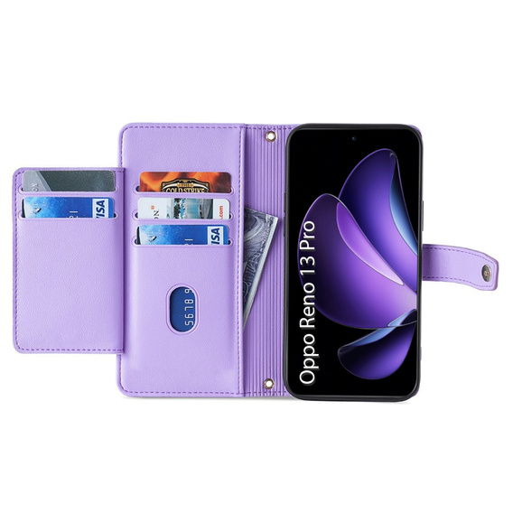 Откидной чехол для Oppo Reno 13 Pro, Wallet Zipper Pocket, фиолетовый